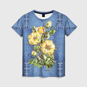 Женская футболка 3D с принтом Джинсовый 13 в Кировске, 100% полиэфир ( синтетическое хлопкоподобное полотно) | прямой крой, круглый вырез горловины, длина до линии бедер | джинсовый | джинсы | цветы