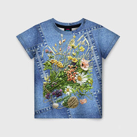 Детская футболка 3D с принтом Джинсовый 11 в Кировске, 100% гипоаллергенный полиэфир | прямой крой, круглый вырез горловины, длина до линии бедер, чуть спущенное плечо, ткань немного тянется | джинсовый | джинсы | цветы