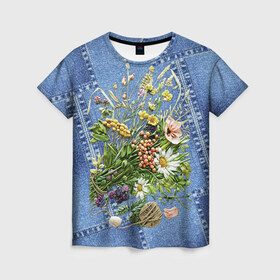 Женская футболка 3D с принтом Джинсовый 11 в Кировске, 100% полиэфир ( синтетическое хлопкоподобное полотно) | прямой крой, круглый вырез горловины, длина до линии бедер | джинсовый | джинсы | цветы