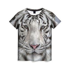 Женская футболка 3D с принтом Бенгальский тигр в Кировске, 100% полиэфир ( синтетическое хлопкоподобное полотно) | прямой крой, круглый вырез горловины, длина до линии бедер | tiger | белый | дикая кошка | тигр | хищник