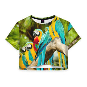 Женская футболка 3D укороченная с принтом Попугаи на ветке в Кировске, 100% полиэстер | круглая горловина, длина футболки до линии талии, рукава с отворотами | джунгли | клюв | острова | перья | попугай | птица | тропики | экзотика