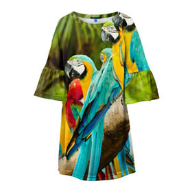 Детское платье 3D с принтом Попугаи на ветке в Кировске, 100% полиэстер | прямой силуэт, чуть расширенный к низу. Круглая горловина, на рукавах — воланы | джунгли | клюв | острова | перья | попугай | птица | тропики | экзотика