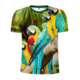 Мужская футболка 3D спортивная с принтом Попугаи на ветке в Кировске, 100% полиэстер с улучшенными характеристиками | приталенный силуэт, круглая горловина, широкие плечи, сужается к линии бедра | джунгли | клюв | острова | перья | попугай | птица | тропики | экзотика