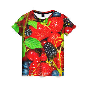Женская футболка 3D с принтом Ягоды в Кировске, 100% полиэфир ( синтетическое хлопкоподобное полотно) | прямой крой, круглый вырез горловины, длина до линии бедер | малина | ягода | ягодка | ягодная