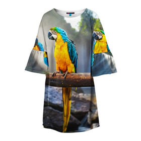 Детское платье 3D с принтом Экзотические попугаи в Кировске, 100% полиэстер | прямой силуэт, чуть расширенный к низу. Круглая горловина, на рукавах — воланы | Тематика изображения на принте: джунгли | клюв | острова | перья | попугай | птица | тропики | экзотика