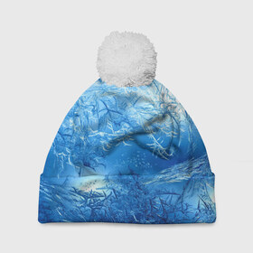 Шапка 3D c помпоном с принтом Иней в Кировске, 100% полиэстер | универсальный размер, печать по всей поверхности изделия | зима | иней | наледь | синий | снег