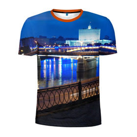 Мужская футболка 3D спортивная с принтом Москва в Кировске, 100% полиэстер с улучшенными характеристиками | приталенный силуэт, круглая горловина, широкие плечи, сужается к линии бедра | Тематика изображения на принте: moscow | город | ночной | пейзаж