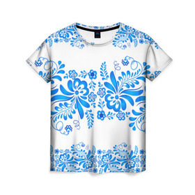 Женская футболка 3D с принтом Гжель в Кировске, 100% полиэфир ( синтетическое хлопкоподобное полотно) | прямой крой, круглый вырез горловины, длина до линии бедер | роспись | россия | русь | узор