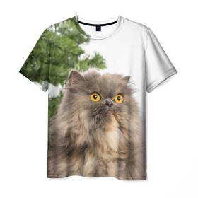 Мужская футболка 3D с принтом Пушистый кот в Кировске, 100% полиэфир | прямой крой, круглый вырез горловины, длина до линии бедер | Тематика изображения на принте: 