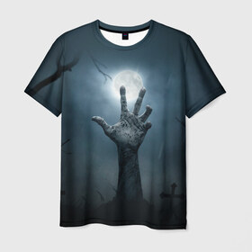 Мужская футболка 3D с принтом Рука зомби в Кировске, 100% полиэфир | прямой крой, круглый вырез горловины, длина до линии бедер | кладбище | луна | мертвец