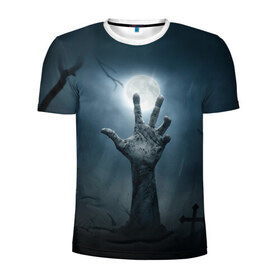 Мужская футболка 3D спортивная с принтом Рука зомби в Кировске, 100% полиэстер с улучшенными характеристиками | приталенный силуэт, круглая горловина, широкие плечи, сужается к линии бедра | Тематика изображения на принте: кладбище | луна | мертвец
