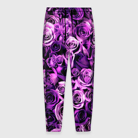 Мужские брюки 3D с принтом Цветочки в Кировске, 100% полиэстер | манжеты по низу, эластичный пояс регулируется шнурком, по бокам два кармана без застежек, внутренняя часть кармана из мелкой сетки | Тематика изображения на принте: роза | сиреневый | фиолетовый | цветы