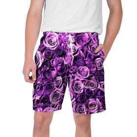 Мужские шорты 3D с принтом Цветочки в Кировске,  полиэстер 100% | прямой крой, два кармана без застежек по бокам. Мягкая трикотажная резинка на поясе, внутри которой широкие завязки. Длина чуть выше колен | роза | сиреневый | фиолетовый | цветы