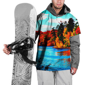 Накидка на куртку 3D с принтом Озеро в Кировске, 100% полиэстер |  | Тематика изображения на принте: деревья | красные листья | кусты | осень | природа | река