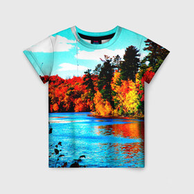 Детская футболка 3D с принтом Озеро в Кировске, 100% гипоаллергенный полиэфир | прямой крой, круглый вырез горловины, длина до линии бедер, чуть спущенное плечо, ткань немного тянется | деревья | красные листья | кусты | осень | природа | река