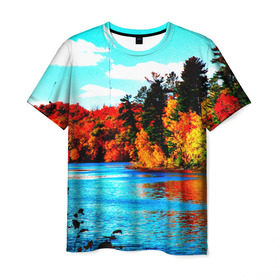 Мужская футболка 3D с принтом Озеро в Кировске, 100% полиэфир | прямой крой, круглый вырез горловины, длина до линии бедер | Тематика изображения на принте: деревья | красные листья | кусты | осень | природа | река