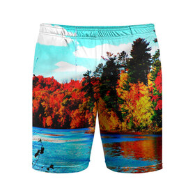 Мужские шорты 3D спортивные с принтом Озеро в Кировске,  |  | деревья | красные листья | кусты | осень | природа | река