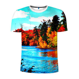 Мужская футболка 3D спортивная с принтом Озеро в Кировске, 100% полиэстер с улучшенными характеристиками | приталенный силуэт, круглая горловина, широкие плечи, сужается к линии бедра | Тематика изображения на принте: деревья | красные листья | кусты | осень | природа | река