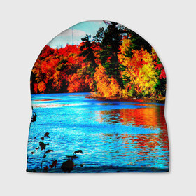 Шапка 3D с принтом Озеро в Кировске, 100% полиэстер | универсальный размер, печать по всей поверхности изделия | Тематика изображения на принте: деревья | красные листья | кусты | осень | природа | река