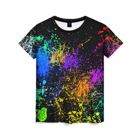 Женская футболка 3D с принтом Брызги красок в Кировске, 100% полиэфир ( синтетическое хлопкоподобное полотно) | прямой крой, круглый вырез горловины, длина до линии бедер | кляксы | цветной | яркий