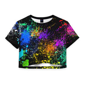 Женская футболка 3D укороченная с принтом Брызги красок в Кировске, 100% полиэстер | круглая горловина, длина футболки до линии талии, рукава с отворотами | кляксы | цветной | яркий