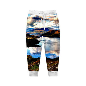 Детские брюки 3D с принтом Озеро в Кировске, 100% полиэстер | манжеты по низу, эластичный пояс регулируется шнурком, по бокам два кармана без застежек, внутренняя часть кармана из мелкой сетки | весна | горы | кусты | лето | небо | озеро | природа