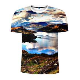 Мужская футболка 3D спортивная с принтом Озеро в Кировске, 100% полиэстер с улучшенными характеристиками | приталенный силуэт, круглая горловина, широкие плечи, сужается к линии бедра | весна | горы | кусты | лето | небо | озеро | природа