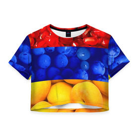 Женская футболка 3D укороченная с принтом Флаг Армении в Кировске, 100% полиэстер | круглая горловина, длина футболки до линии талии, рукава с отворотами | Тематика изображения на принте: армения | гранат | персик | слива | страны | флаг армении | фрукты