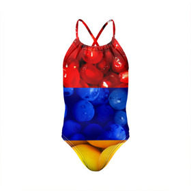 Детский купальник 3D с принтом Флаг Армении в Кировске, Полиэстер 85%, Спандекс 15% | Слитный крой, подклад по переду изделия, узкие бретели | армения | гранат | персик | слива | страны | флаг армении | фрукты