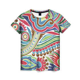 Женская футболка 3D с принтом Хохлома красками в Кировске, 100% полиэфир ( синтетическое хлопкоподобное полотно) | прямой крой, круглый вырез горловины, длина до линии бедер | народный | орнамент | роспись | традиционный