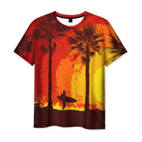 Мужская футболка 3D с принтом Summer Surf в Кировске, 100% полиэфир | прямой крой, круглый вырез горловины, длина до линии бедер | закат | лето | пейзаж | серфинг | тропики