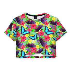Женская футболка 3D укороченная с принтом Summer Butterflies в Кировске, 100% полиэстер | круглая горловина, длина футболки до линии талии, рукава с отворотами | бабочки | лето | пестрый | разноцветный