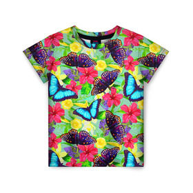Детская футболка 3D с принтом Summer Butterflies в Кировске, 100% гипоаллергенный полиэфир | прямой крой, круглый вырез горловины, длина до линии бедер, чуть спущенное плечо, ткань немного тянется | бабочки | лето | пестрый | разноцветный