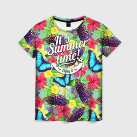 Женская футболка 3D с принтом Summer Butterflies 2 в Кировске, 100% полиэфир ( синтетическое хлопкоподобное полотно) | прямой крой, круглый вырез горловины, длина до линии бедер | 