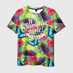 Мужская футболка 3D с принтом Summer Butterflies 2 в Кировске, 100% полиэфир | прямой крой, круглый вырез горловины, длина до линии бедер | 
