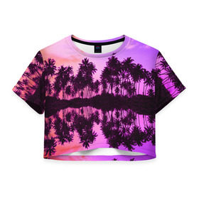 Женская футболка 3D укороченная с принтом Hawaii dream в Кировске, 100% полиэстер | круглая горловина, длина футболки до линии талии, рукава с отворотами | гавайи | закат | пляж