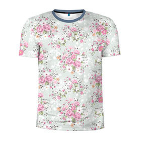 Мужская футболка 3D спортивная с принтом Flower pattern в Кировске, 100% полиэстер с улучшенными характеристиками | приталенный силуэт, круглая горловина, широкие плечи, сужается к линии бедра | белый | паттерн | розовый | цветы