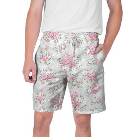 Мужские шорты 3D с принтом Flower pattern в Кировске,  полиэстер 100% | прямой крой, два кармана без застежек по бокам. Мягкая трикотажная резинка на поясе, внутри которой широкие завязки. Длина чуть выше колен | белый | паттерн | розовый | цветы