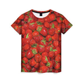 Женская футболка 3D с принтом Клубнички в Кировске, 100% полиэфир ( синтетическое хлопкоподобное полотно) | прямой крой, круглый вырез горловины, длина до линии бедер | красный | летний | фото | ягода