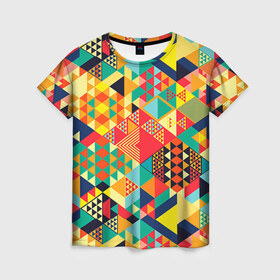 Женская футболка 3D с принтом Геометрия в Кировске, 100% полиэфир ( синтетическое хлопкоподобное полотно) | прямой крой, круглый вырез горловины, длина до линии бедер | лоскутное шитье | паттерн | пестрый | разноцветный | треугольники