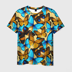 Мужская футболка 3D с принтом Бабочки в Кировске, 100% полиэфир | прямой крой, круглый вырез горловины, длина до линии бедер | коричневый | синий