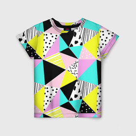 Детская футболка 3D с принтом Треугольнички в Кировске, 100% гипоаллергенный полиэфир | прямой крой, круглый вырез горловины, длина до линии бедер, чуть спущенное плечо, ткань немного тянется | Тематика изображения на принте: лоскутное шитье | полигоны | разноцветный | яркий