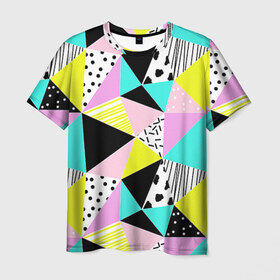 Мужская футболка 3D с принтом Треугольнички в Кировске, 100% полиэфир | прямой крой, круглый вырез горловины, длина до линии бедер | лоскутное шитье | полигоны | разноцветный | яркий