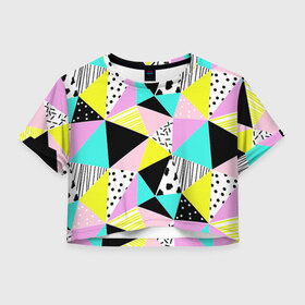 Женская футболка 3D укороченная с принтом Треугольнички в Кировске, 100% полиэстер | круглая горловина, длина футболки до линии талии, рукава с отворотами | лоскутное шитье | полигоны | разноцветный | яркий