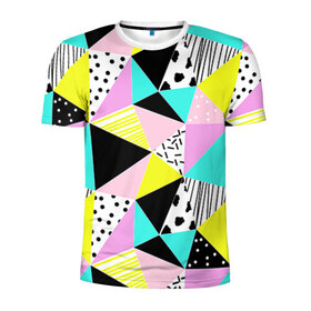 Мужская футболка 3D спортивная с принтом Треугольнички в Кировске, 100% полиэстер с улучшенными характеристиками | приталенный силуэт, круглая горловина, широкие плечи, сужается к линии бедра | лоскутное шитье | полигоны | разноцветный | яркий