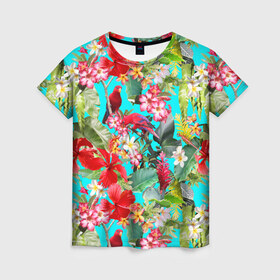 Женская футболка 3D с принтом Тропический мир в Кировске, 100% полиэфир ( синтетическое хлопкоподобное полотно) | прямой крой, круглый вырез горловины, длина до линии бедер | паттерн | разноцветный | тропики | цветы | яркий