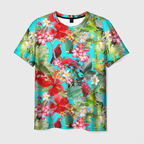 Мужская футболка 3D с принтом Тропический мир в Кировске, 100% полиэфир | прямой крой, круглый вырез горловины, длина до линии бедер | паттерн | разноцветный | тропики | цветы | яркий