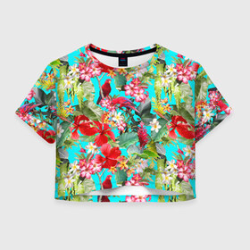 Женская футболка 3D укороченная с принтом Тропический мир в Кировске, 100% полиэстер | круглая горловина, длина футболки до линии талии, рукава с отворотами | паттерн | разноцветный | тропики | цветы | яркий