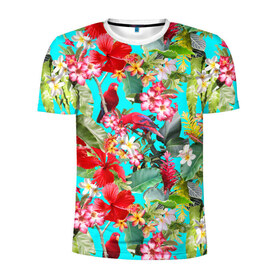 Мужская футболка 3D спортивная с принтом Тропический мир в Кировске, 100% полиэстер с улучшенными характеристиками | приталенный силуэт, круглая горловина, широкие плечи, сужается к линии бедра | Тематика изображения на принте: паттерн | разноцветный | тропики | цветы | яркий