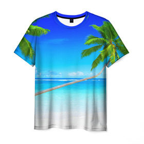 Мужская футболка 3D с принтом Лазурный берег в Кировске, 100% полиэфир | прямой крой, круглый вырез горловины, длина до линии бедер | берег | лето | море | океан | отдых | пальма | песок